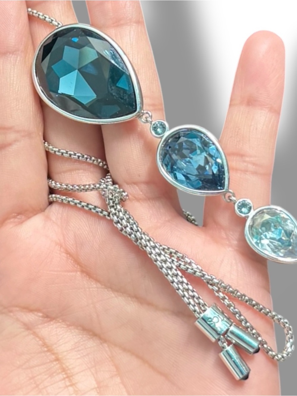 Touchstone Crystal Swarovski Blue Teardrop Adjustable Necklace Silver Tone - Picture 5 of 6